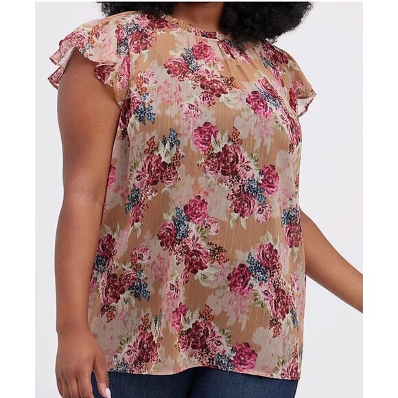 Torrid Crinkle Chiffon Top Womens 4 Tan Pink Semi Sheer Floral Flutter Sleeve - Picture 1 of 9